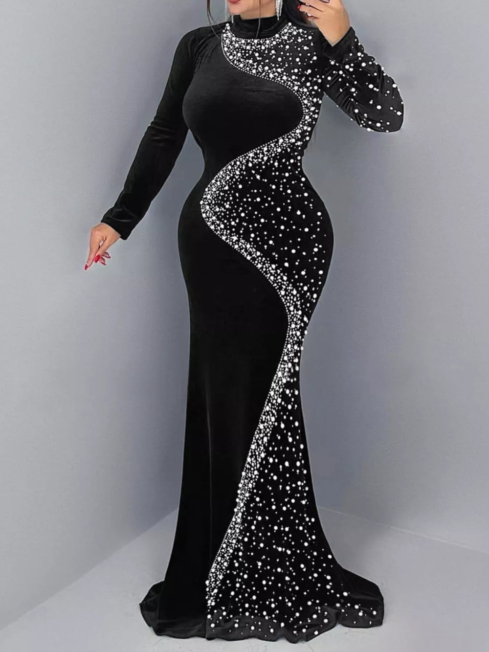 Rhinestone Embellished Velvet Mermaid Evening Maxi Dress