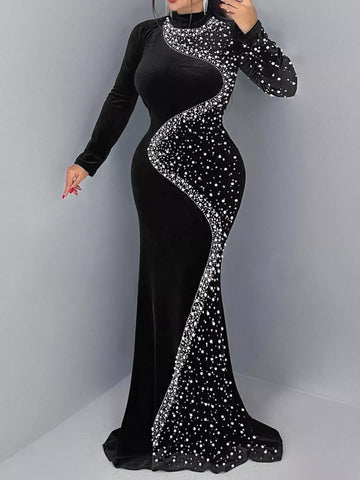 Rhinestone Embellished Velvet Mermaid Evening Maxi Dress