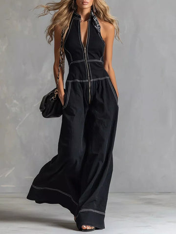 Zip Front Sleeveless Wide Leg Jumpsuit