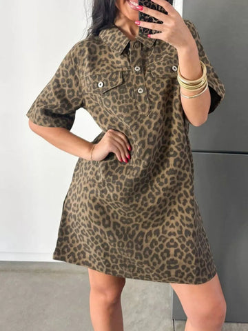 Leopard Print Short Sleeve Denim Dress