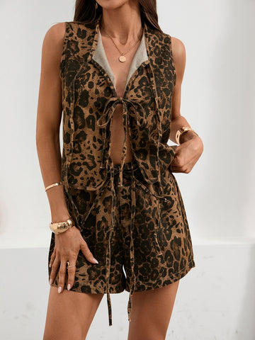 Leopard Print Tie Front Tank and Shorts Denim Set