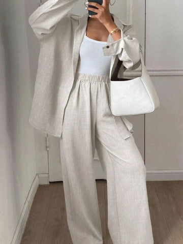 Button Up Long Sleeve Shirt and Wide Leg Pants Set