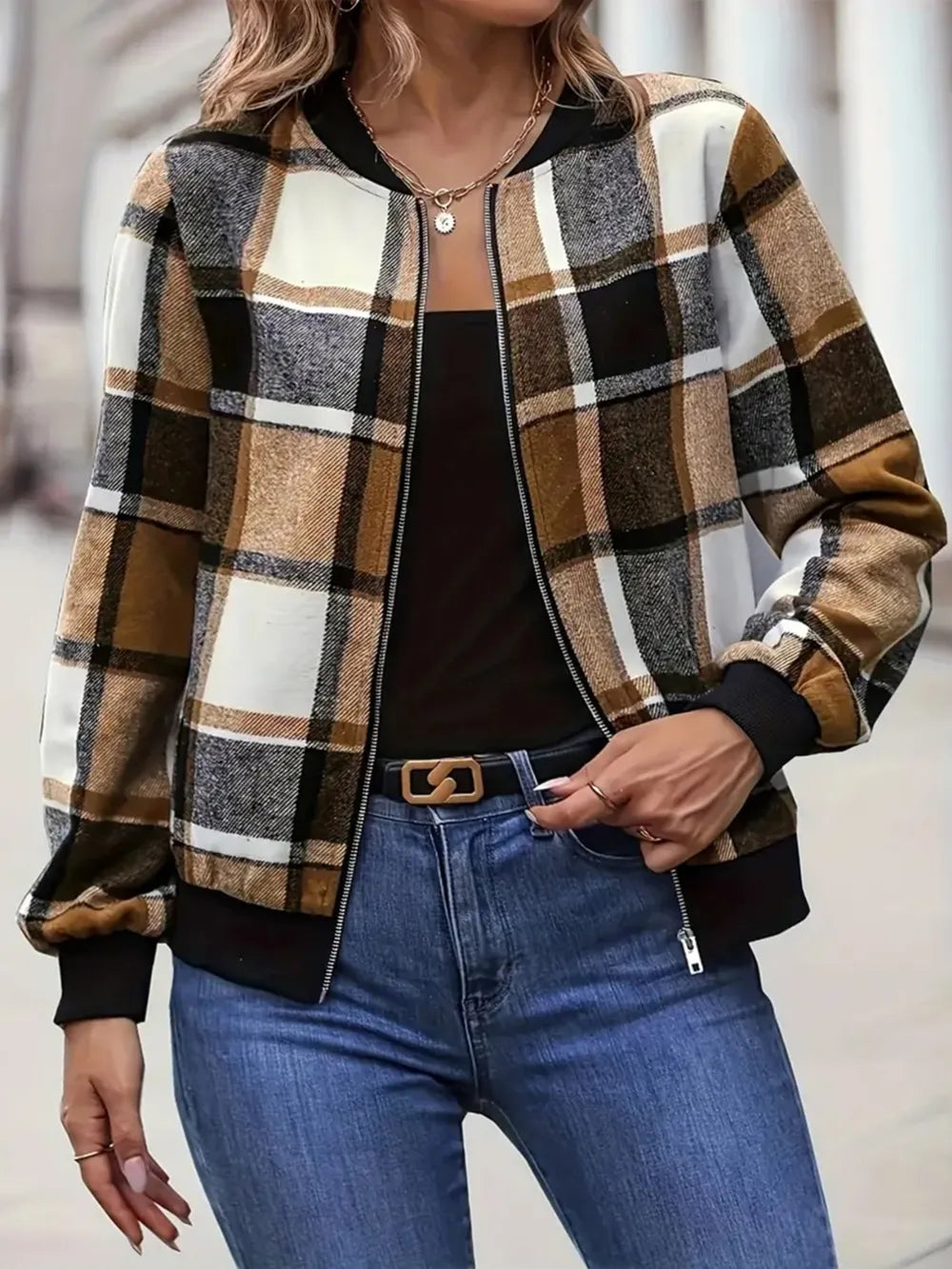 Plus Size Plaid Baseball Collar Zip Up Jacket selected from Jacket Icons for The Final Layer: Jacket Icons with Presence