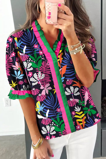 Floral Print Frilled Contrast Striped Trim V Neck Short Sleeve Blouse