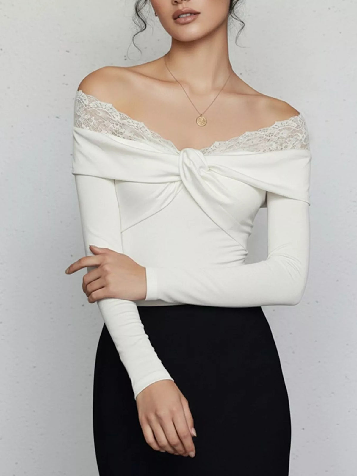 Lace Detail Off-Shoulder Long Sleeve Bodysuit