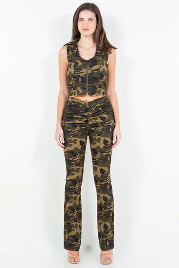 American Bazi V Cut Ruched Camo Flare Pants