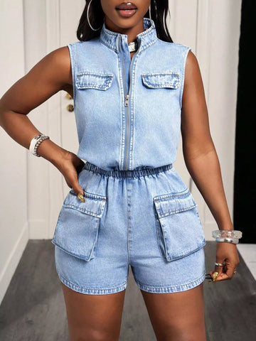 Sleeveless Zip-Front Denim Romper