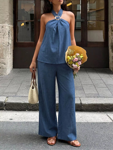 Halter Neck Top and Wide Leg Pants Set