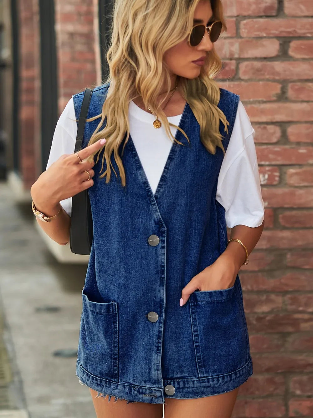 Full Size V Neck Button Up Denim Vest
