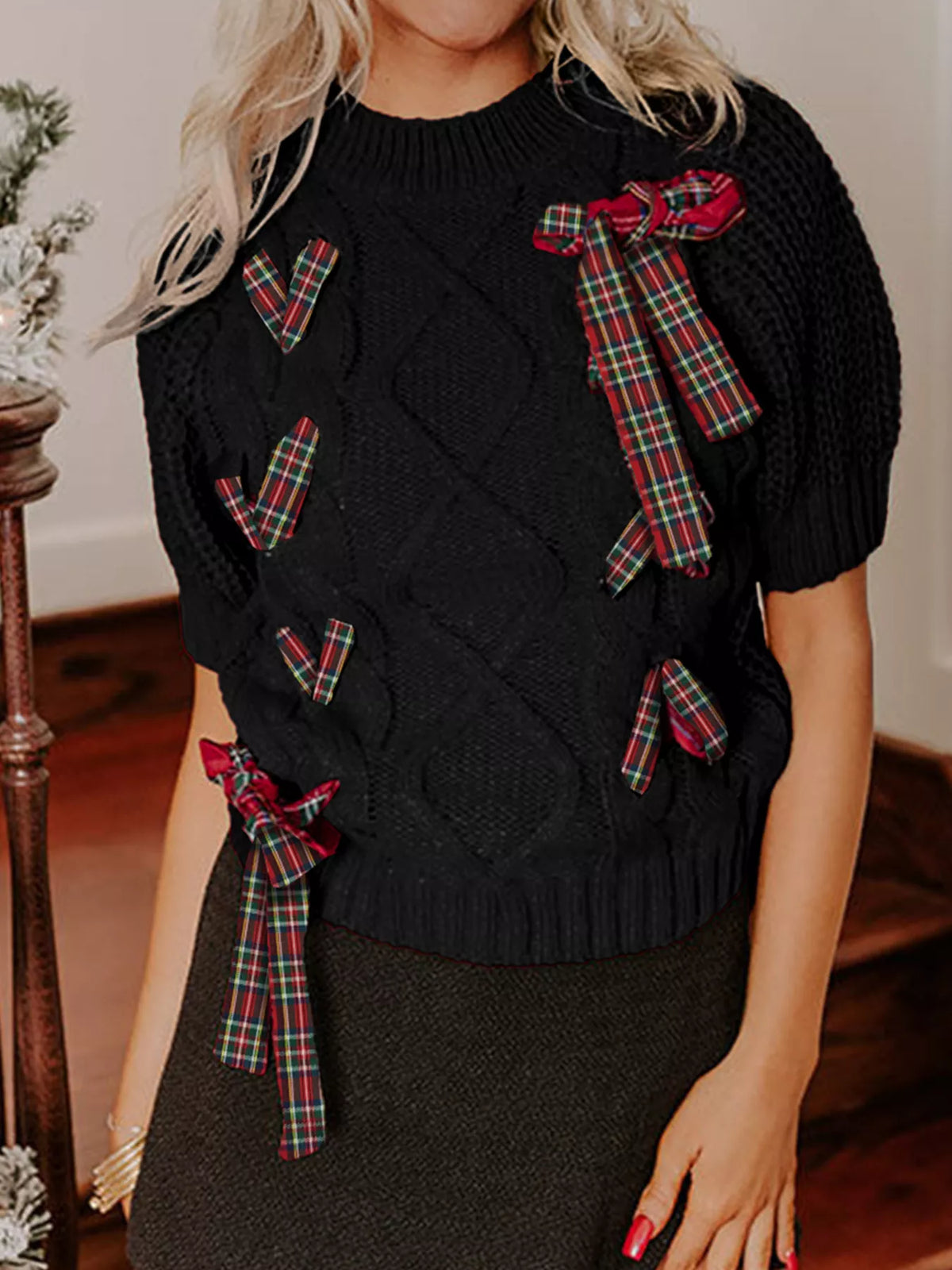 Plaid Bow Short-Sleeve Sweater