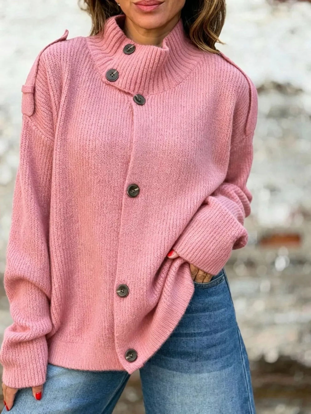 Full Size Button-Up Mock Neck Cardigan Plus Size