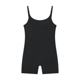 Serein Queen women's U-neck yoga romper in black, back view