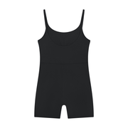 Serein Queen women's U-neck yoga romper in black, back view