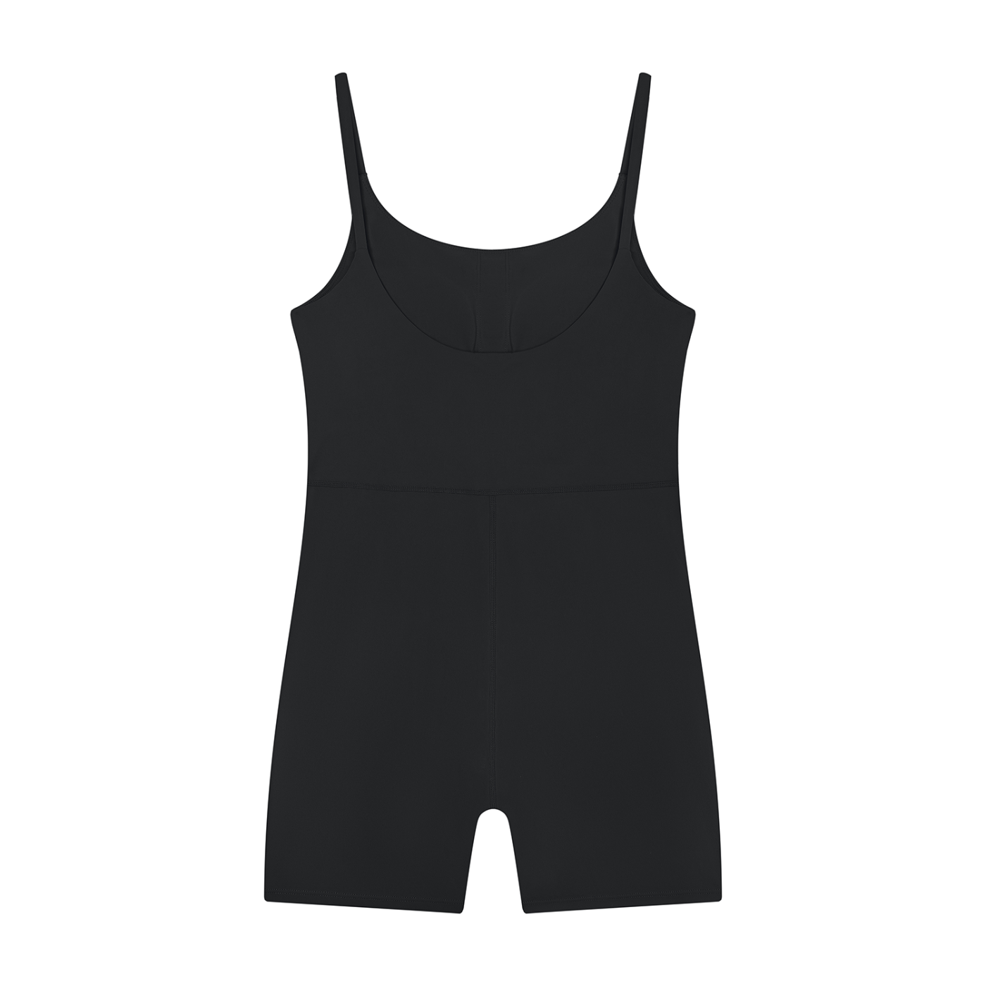 Serein Queen women's U-neck yoga romper in black, back view