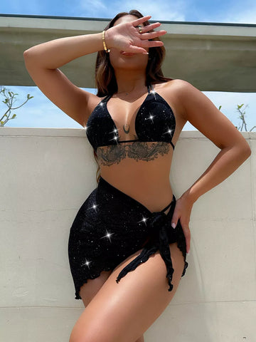 Glitter Halter Neck Backless Three Piece Swim Set
