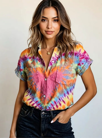 Tie Dye Short Sleeve Button Up Shirt