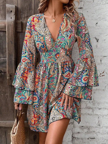 Paisley Print V-Neck Bell Sleeve Mini Dress