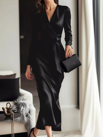Satin Long Sleeve Wrap Dress