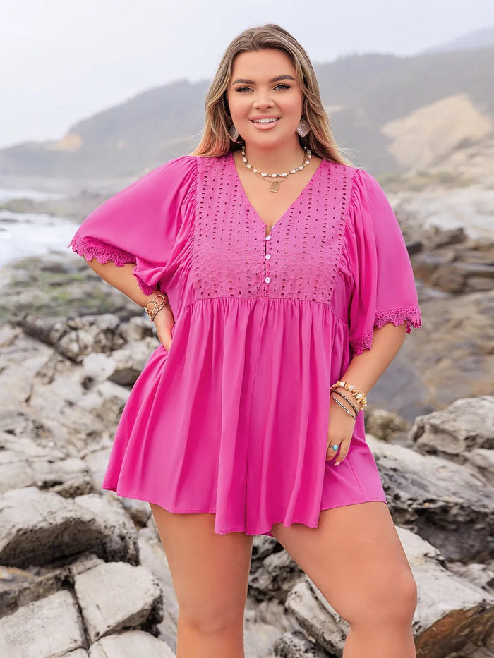 Plus Size Lace Detail V Neck Half Sleeve Romper