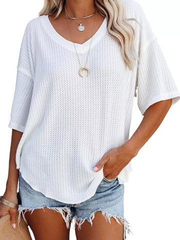 Waffle Knit V Neck Short Sleeve T-Shirt