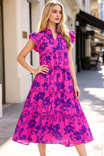Oh Full Size Floral Ruffled Cap Sleeve Loose Flowy Summer Vacation Tiered Midi Dress Plus Size
