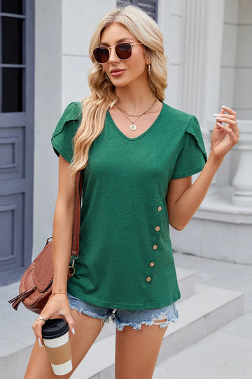 V Neck Button Short Sleeve T-Shirt