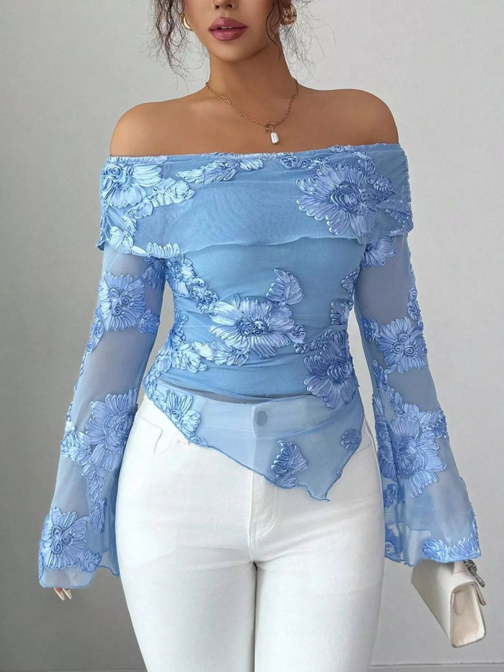 Floral Off Shoulder Mesh Blouse