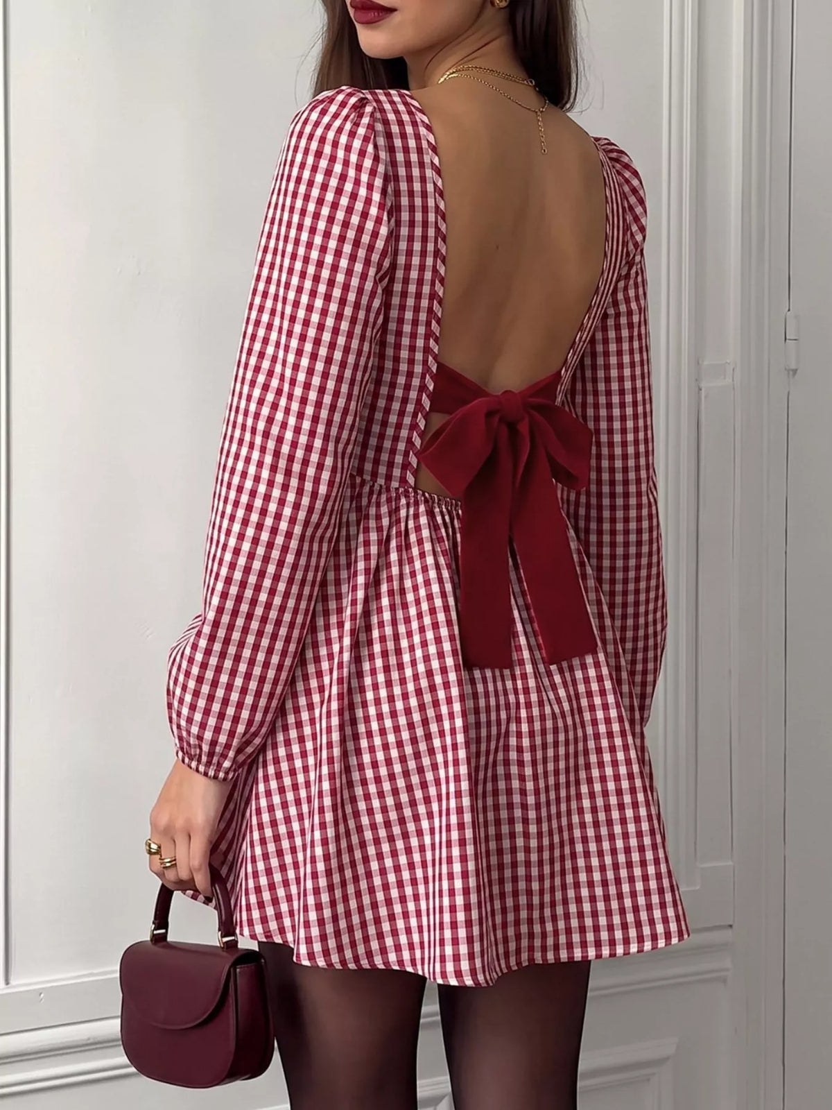 Backless Plaid Long Sleeve Mini Dress
