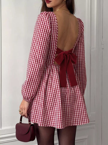 Backless Plaid Long Sleeve Mini Dress