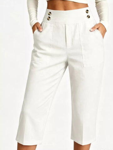 Full Size High-Waisted Button-Detail Cropped Pants Plus Size