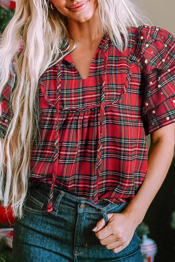 Plaid Pearl Embellished Tie Neck Blouse