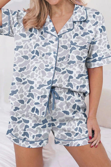 Camouflage Print Lapel Shirt Drawstring 2pcs Short Pajama Set