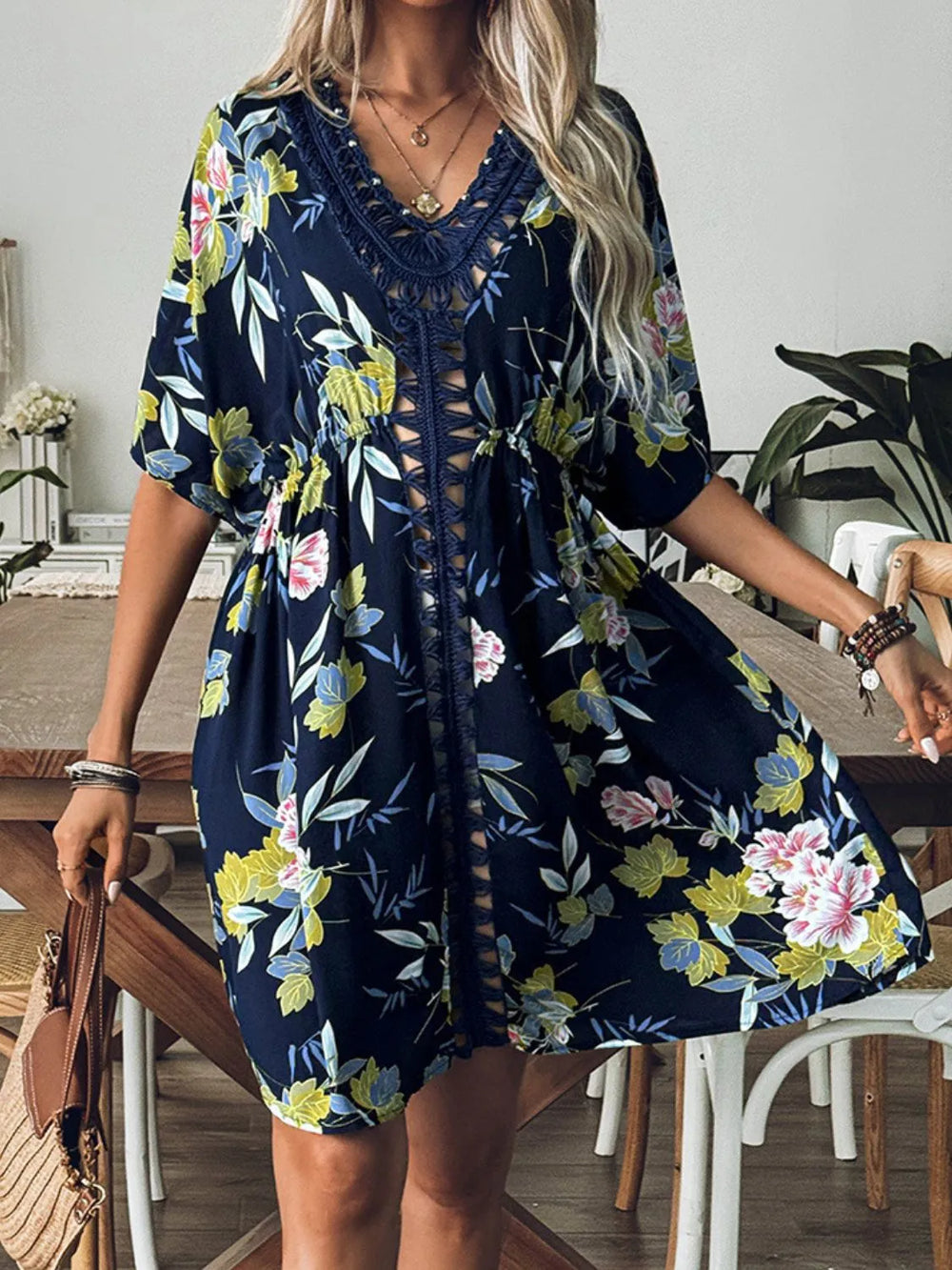 Crochet Front V Neck Printed Cover Up