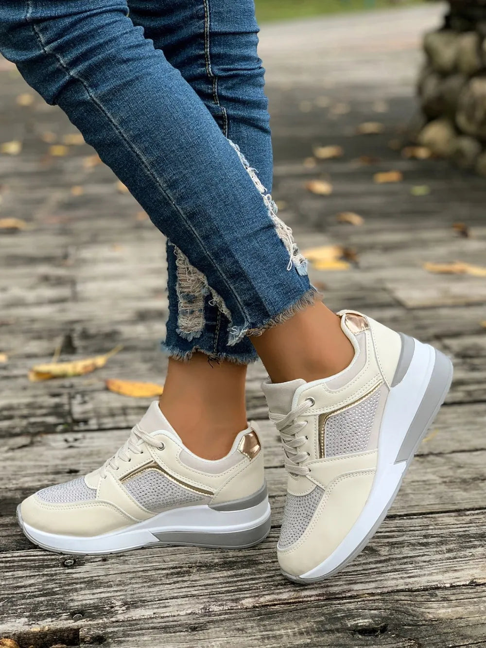 Lace Up Rhinestone Wedge Sneakers