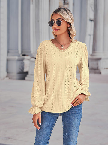 Eyelet V Neck Flounce Sleeve Blouse