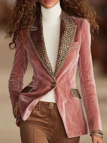 Full Size Leopard Collar One Button Blazer Plus Size