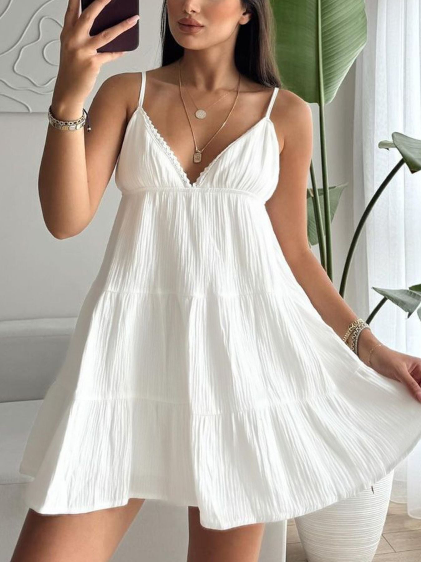 V-Neck Tiered Mini Dress selected from Mini Dresses for Short Hem, Strong Mood: The Mini Dress Edit