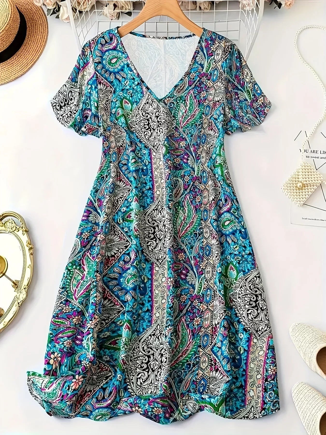 Plus Size Paisley Print V-Neck Short Sleeve Dress selected from Short-Sleeve Dresses for Easy Presence: The Short-Sleeve Dress Edit