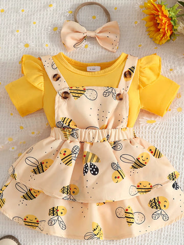 Children's Ruffle Trim Bodysuit and Bee Print Dress Set with Headband