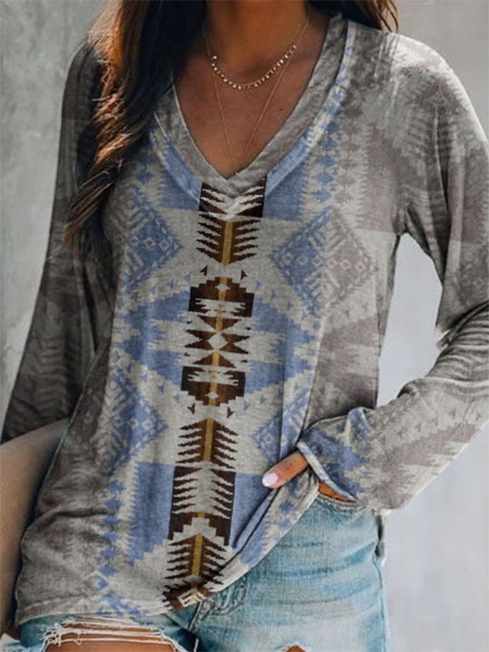 Full Size Geometric V Neck Long Sleeve T-Shirt Plus Size