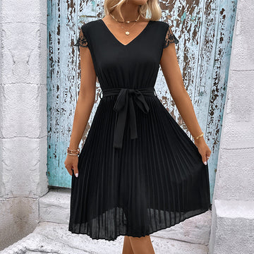 Perfee V Neck Tie Belt Pleated Dress