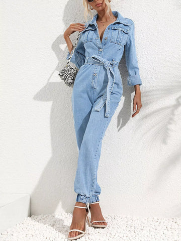 Button Front Belted Denim Jumpsuit