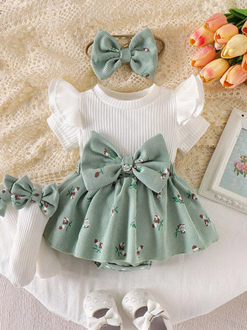 Children's Bow Ribbed Knit Dress & Headband & Socks Set