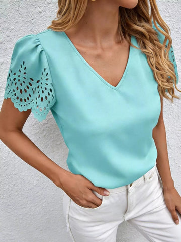 V Neck Lace Short Sleeve Blouse