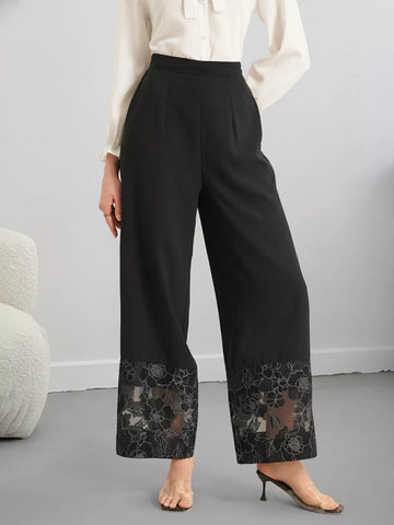 Floral Lace Hem Wide Leg Pants