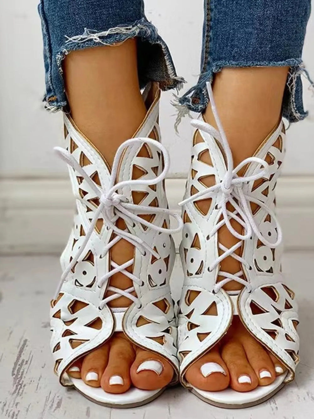 Lace Up Geometric Cutout Sandals