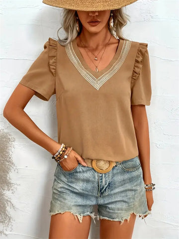 Ruffled V Neck Short Sleeve Blouse
