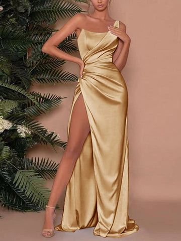 One Shoulder Satin High Slit Maxi Dress
