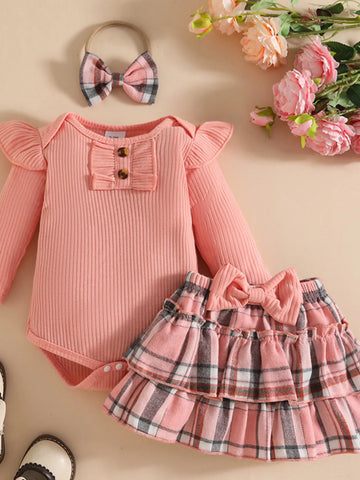 Children's Ruffled Ribbed Bodysuit and Skirt Set with Headband