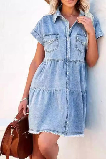Raw Hem Button Front Denim Mini Dress